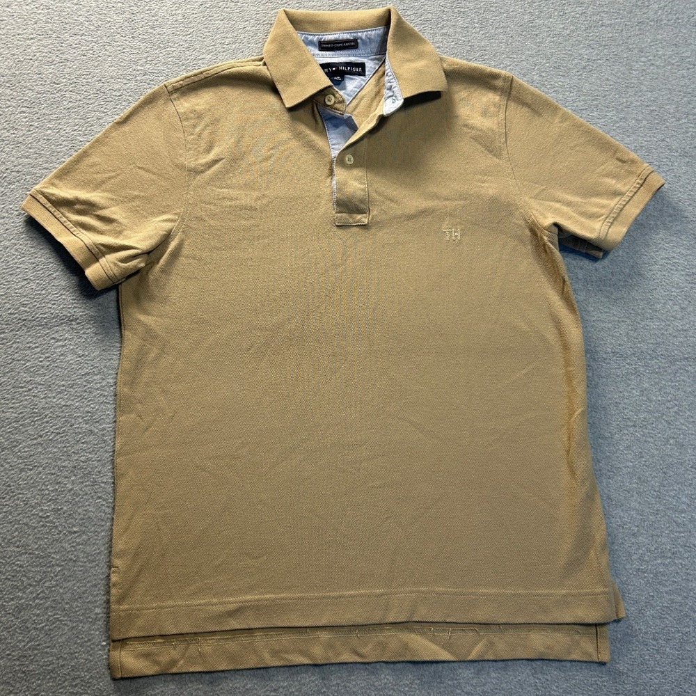 Tommy Hilfiger Polo Shirt Mens Small Tan Khaki Trim Fit Short Sleeve Logo Golf